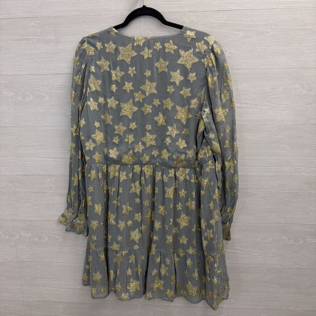 Loft Blue/ Metallic Gold Star Print Long Sleeve Dress Large