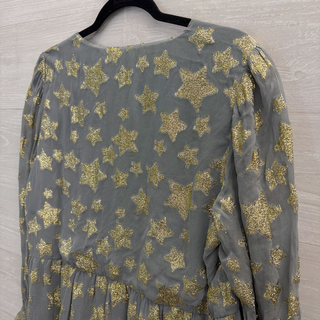 Loft Blue/ Metallic Gold Star Print Long Sleeve Dress Large