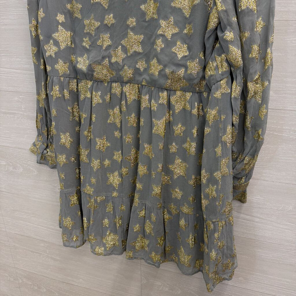 Loft Blue/ Metallic Gold Star Print Long Sleeve Dress Large