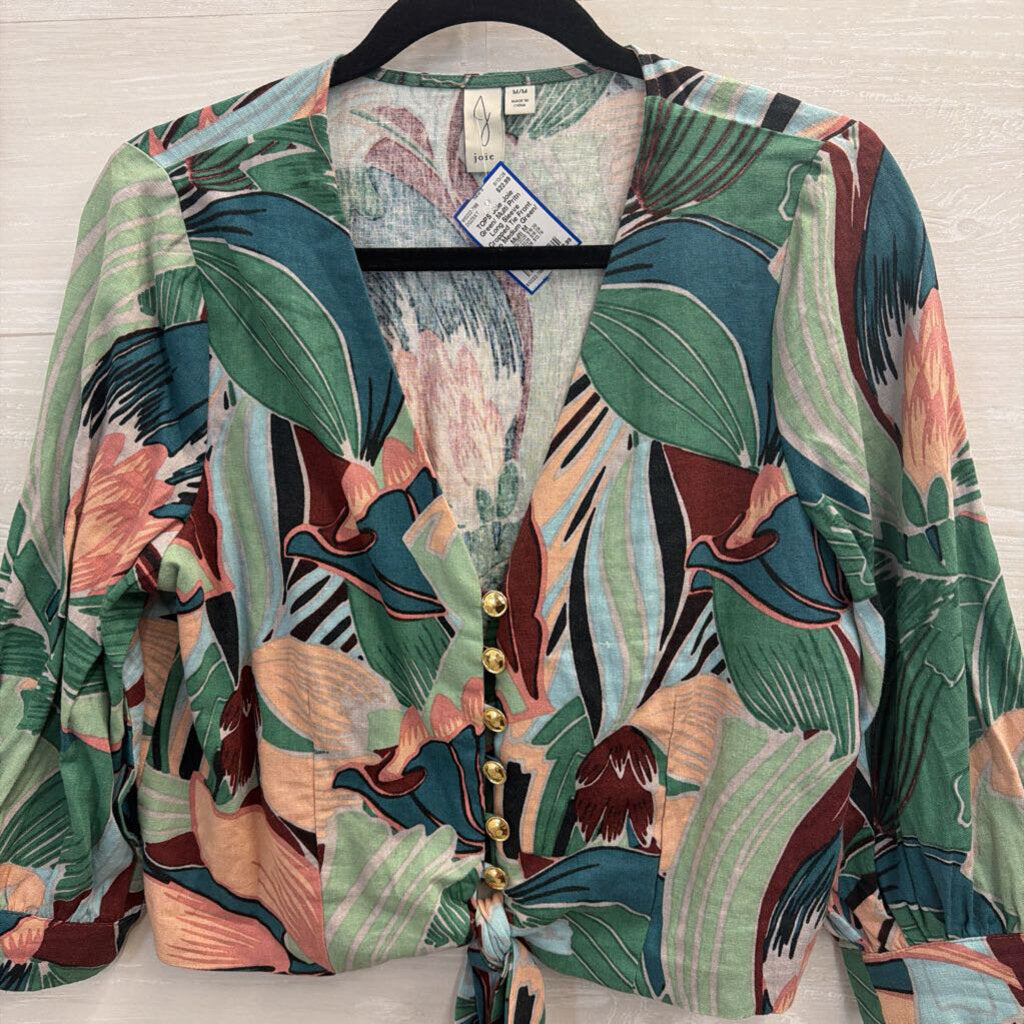 Joie Green/ Multi Print Long Sleeve Cropped Tie Front Top Medium