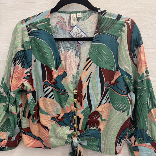 Joie Green/ Multi Print Long Sleeve Cropped Tie Front Top Medium