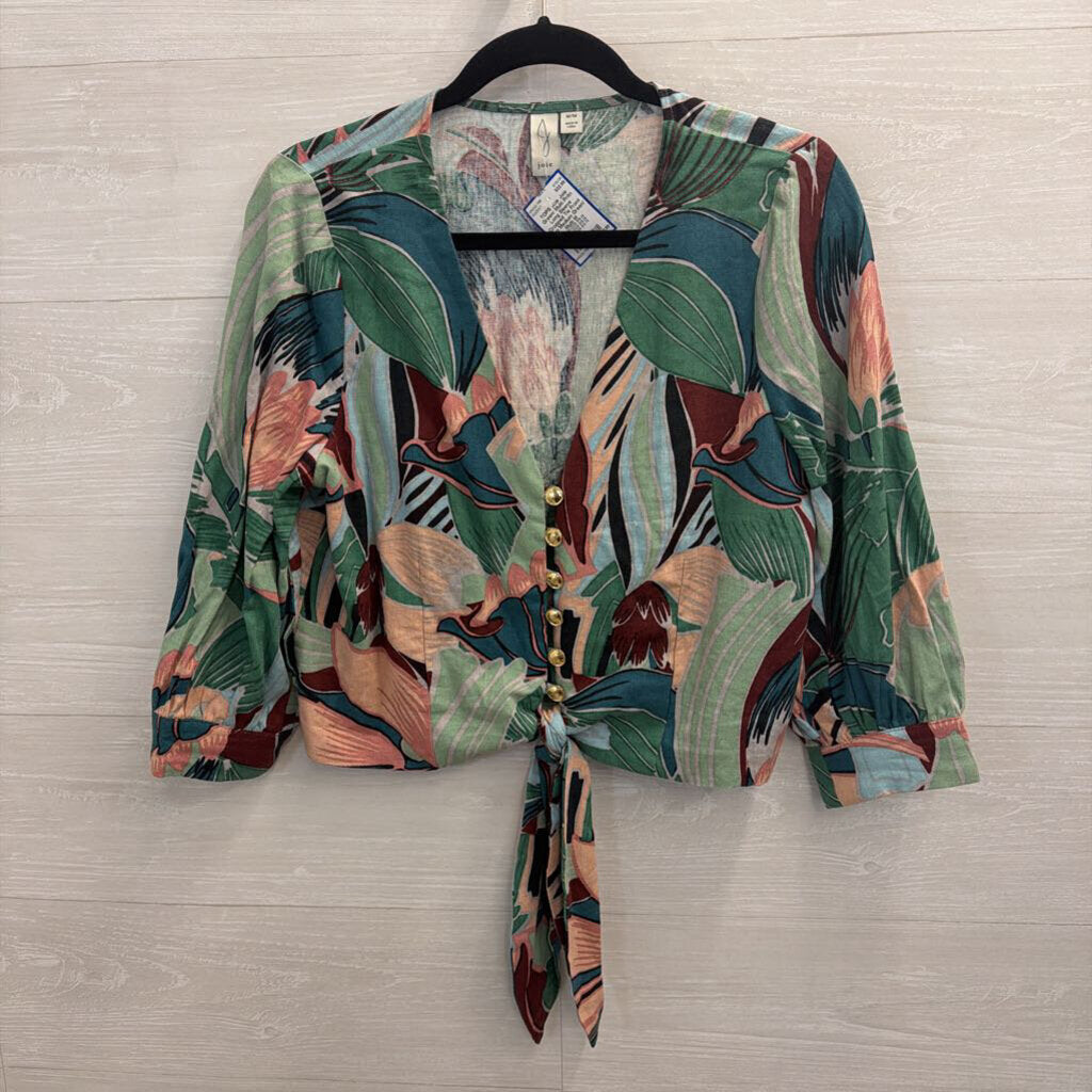 Joie Green/ Multi Print Long Sleeve Cropped Tie Front Top Medium