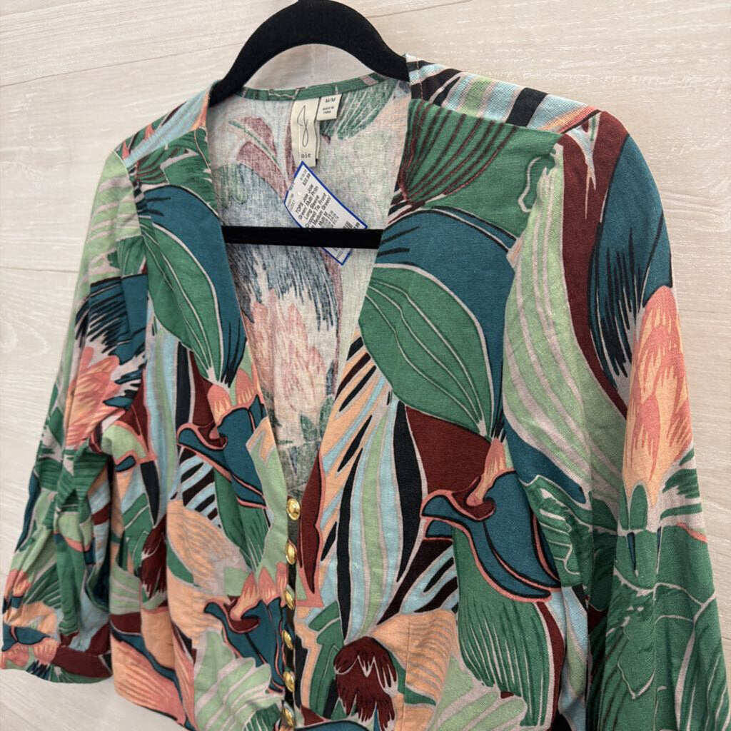 Joie Green/ Multi Pritn Long Sleeve Cropped Tie Front Top Medium