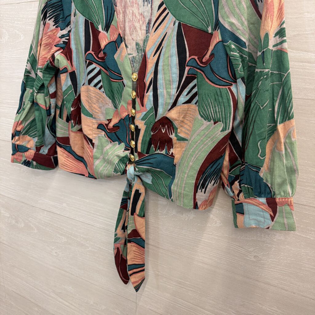 Joie Green/ Multi Print Long Sleeve Cropped Tie Front Top Medium