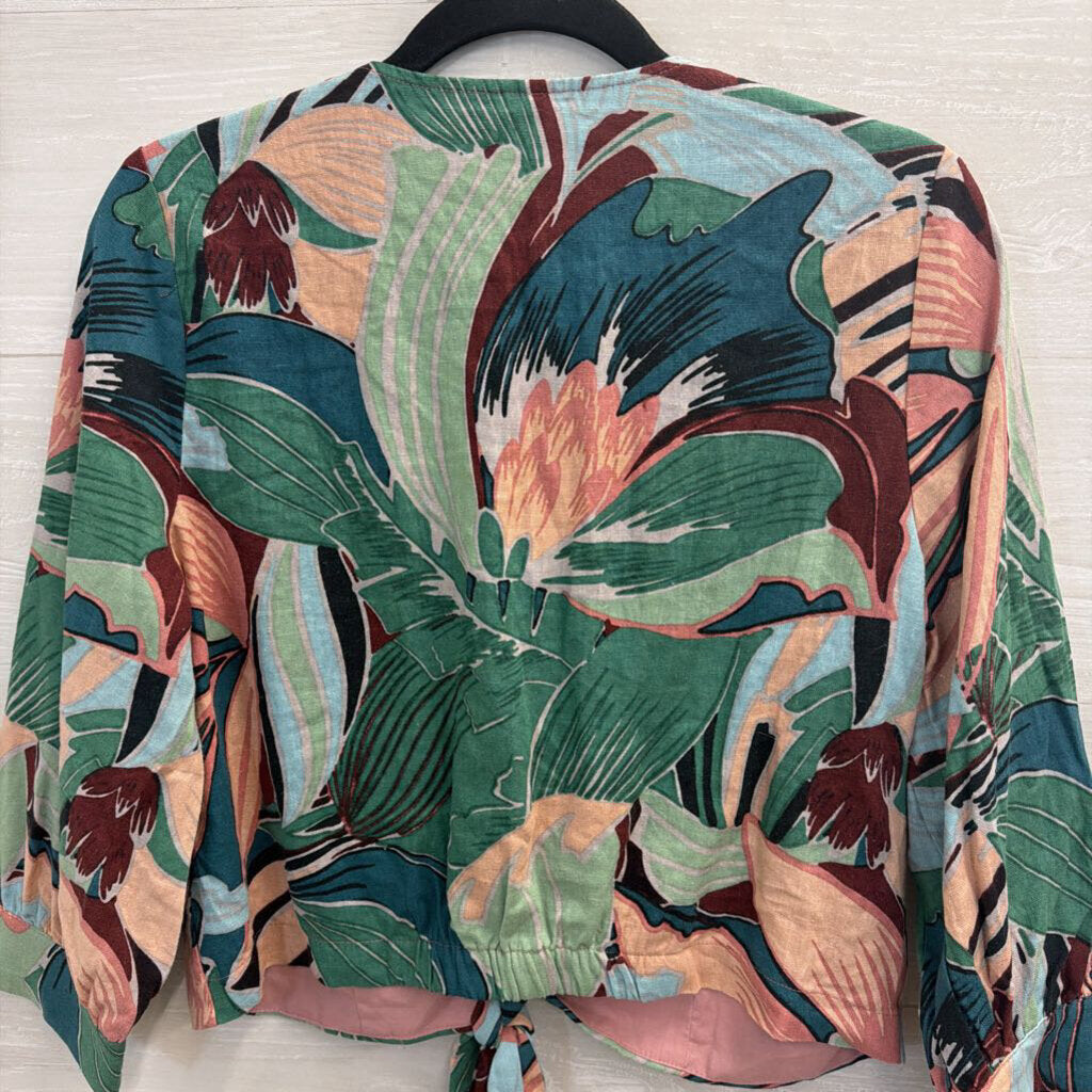 Joie Green/ Multi Print Long Sleeve Cropped Tie Front Top Medium