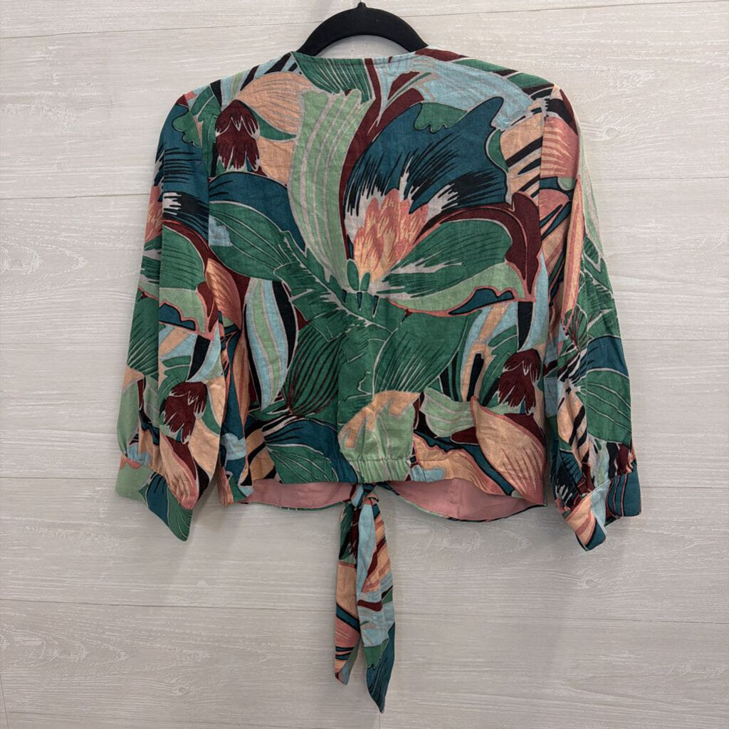 Joie Green/ Multi Print Long Sleeve Cropped Tie Front Top Medium