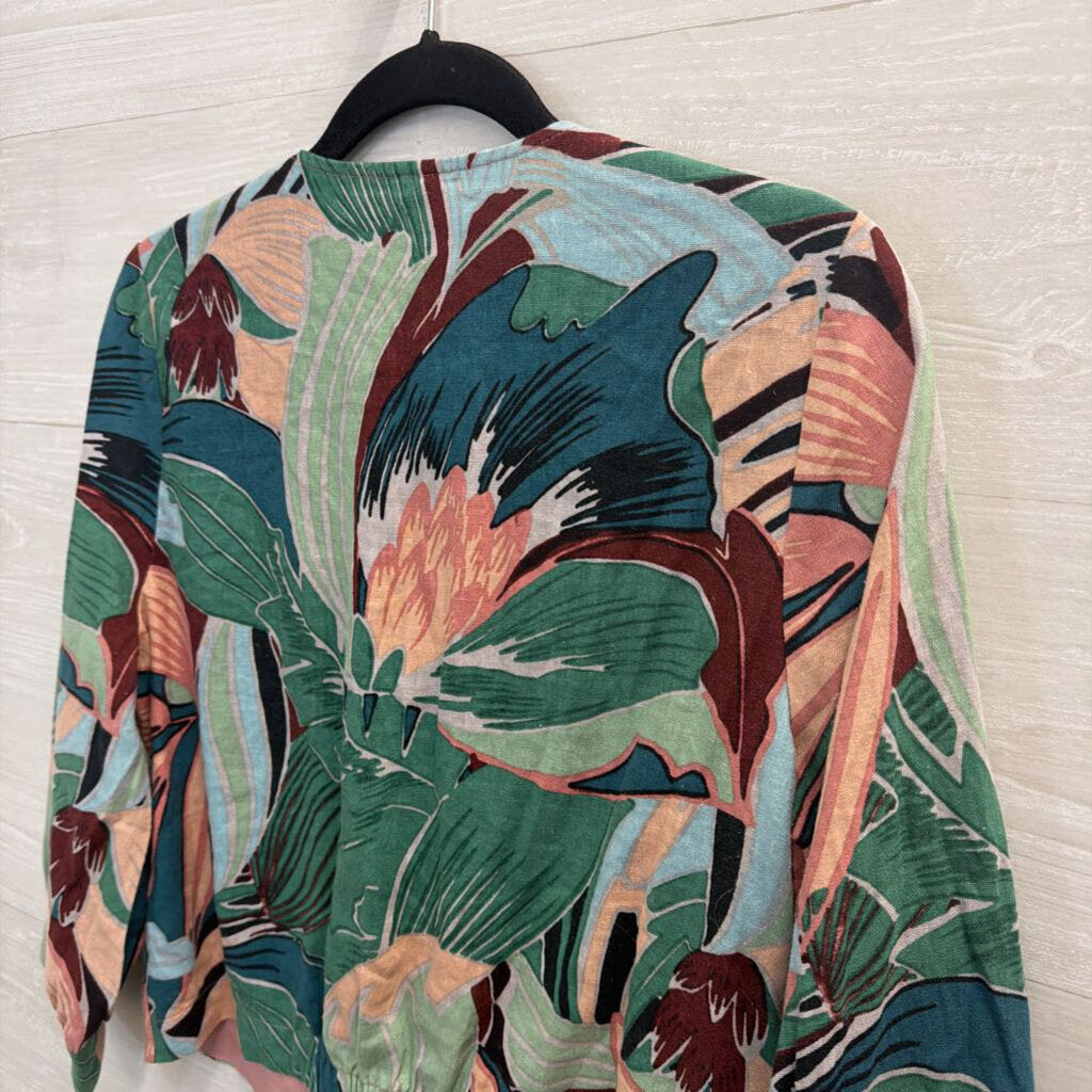 Joie Green/ Multi Print Long Sleeve Cropped Tie Front Top Medium