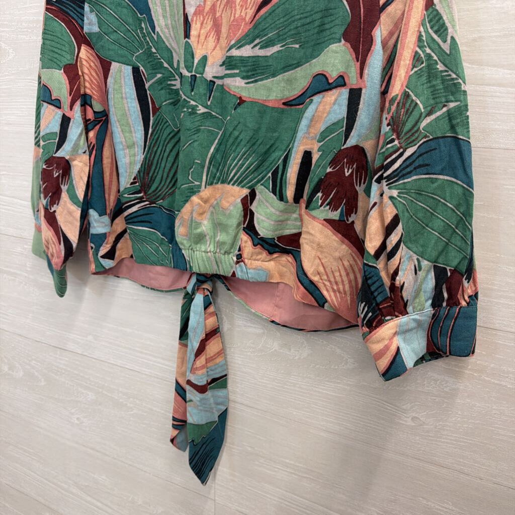 Joie Green/ Multi Pritn Long Sleeve Cropped Tie Front Top Medium