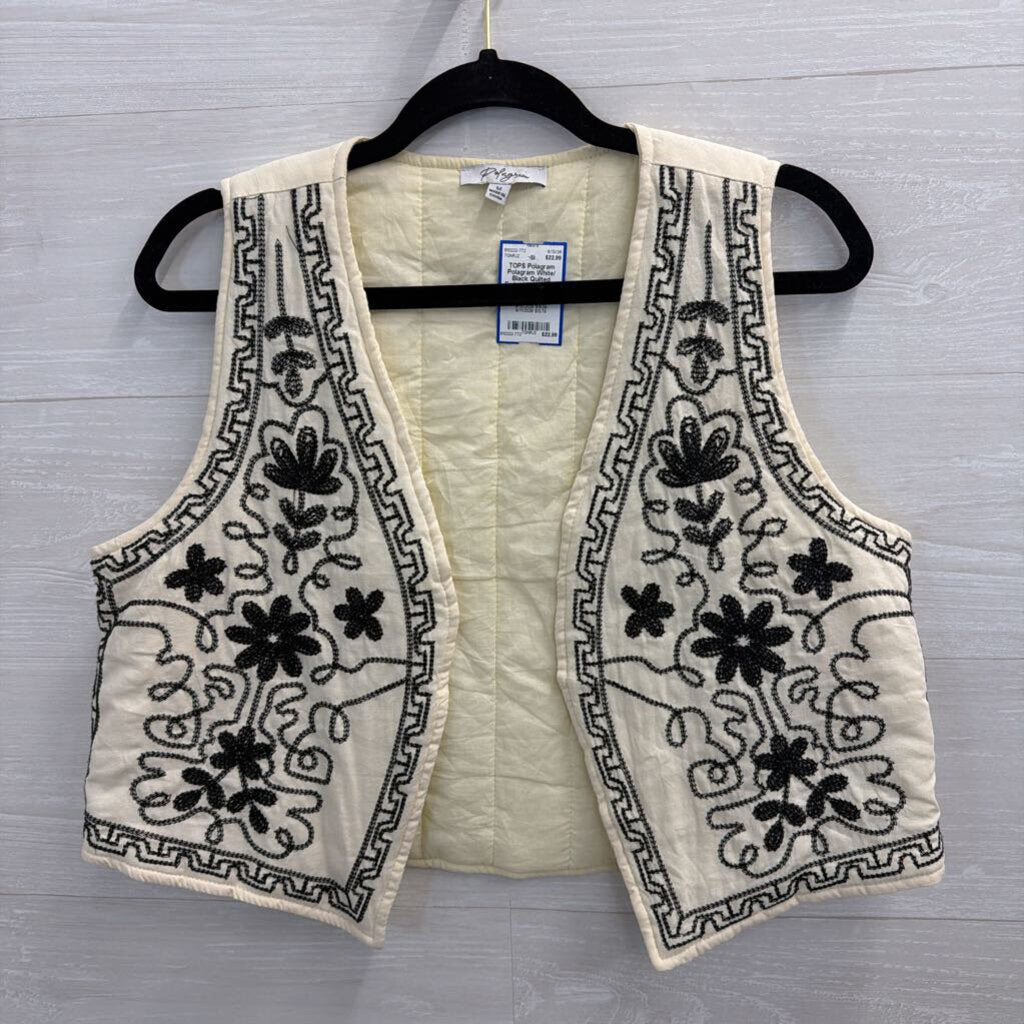 Polagram White/ Black Quilted Embroidered Vest Top Medium