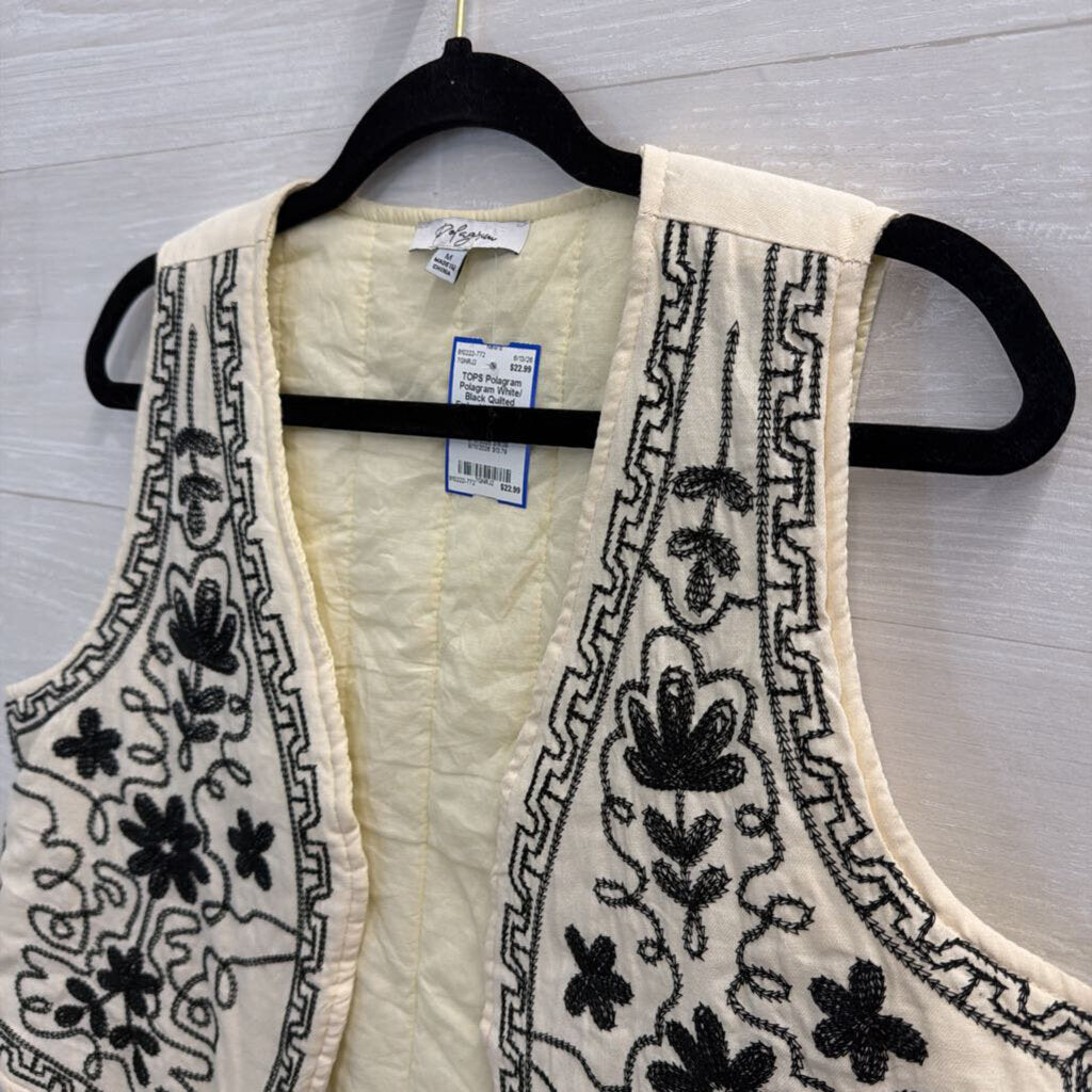 Polagram White/ Black Quilted Embroidered Vest Top Medium