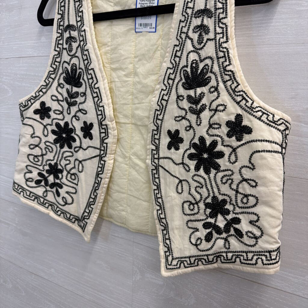Polagram White/ Black Quilted Embroidered Vest Top Medium