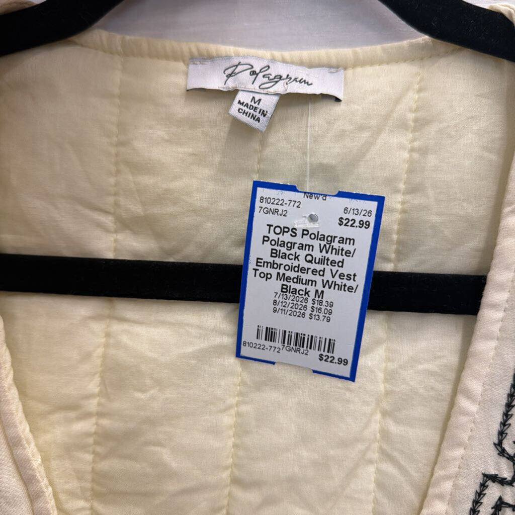 Polagram White/ Black Quilted Embroidered Vest Top Medium