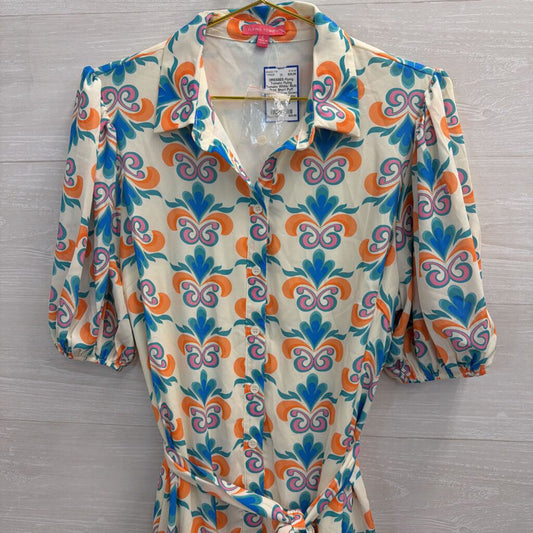 Flying Tomato White/ Multi Print Short Puff Sleeve Button Down Dress Large