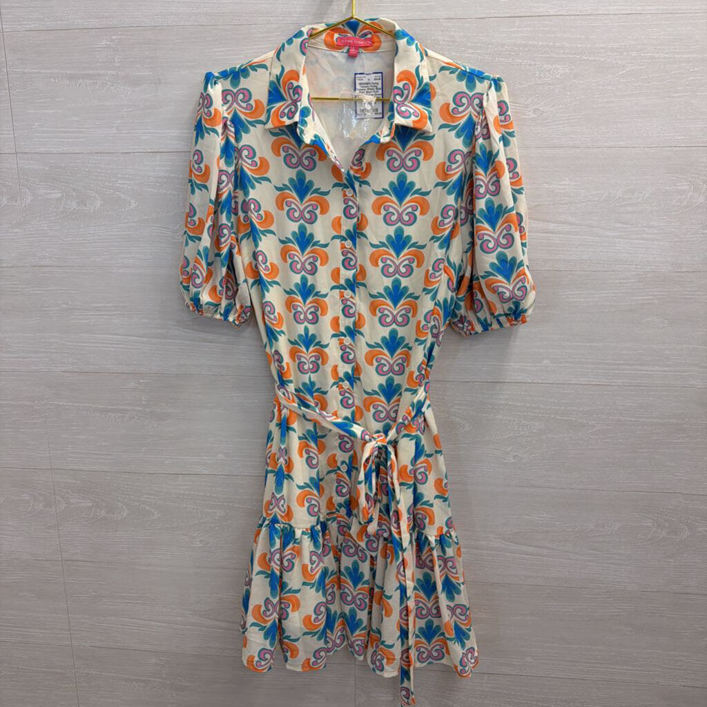 Flying Tomato White/ Multi Print Short Puff Sleeve Button Down Dress Large