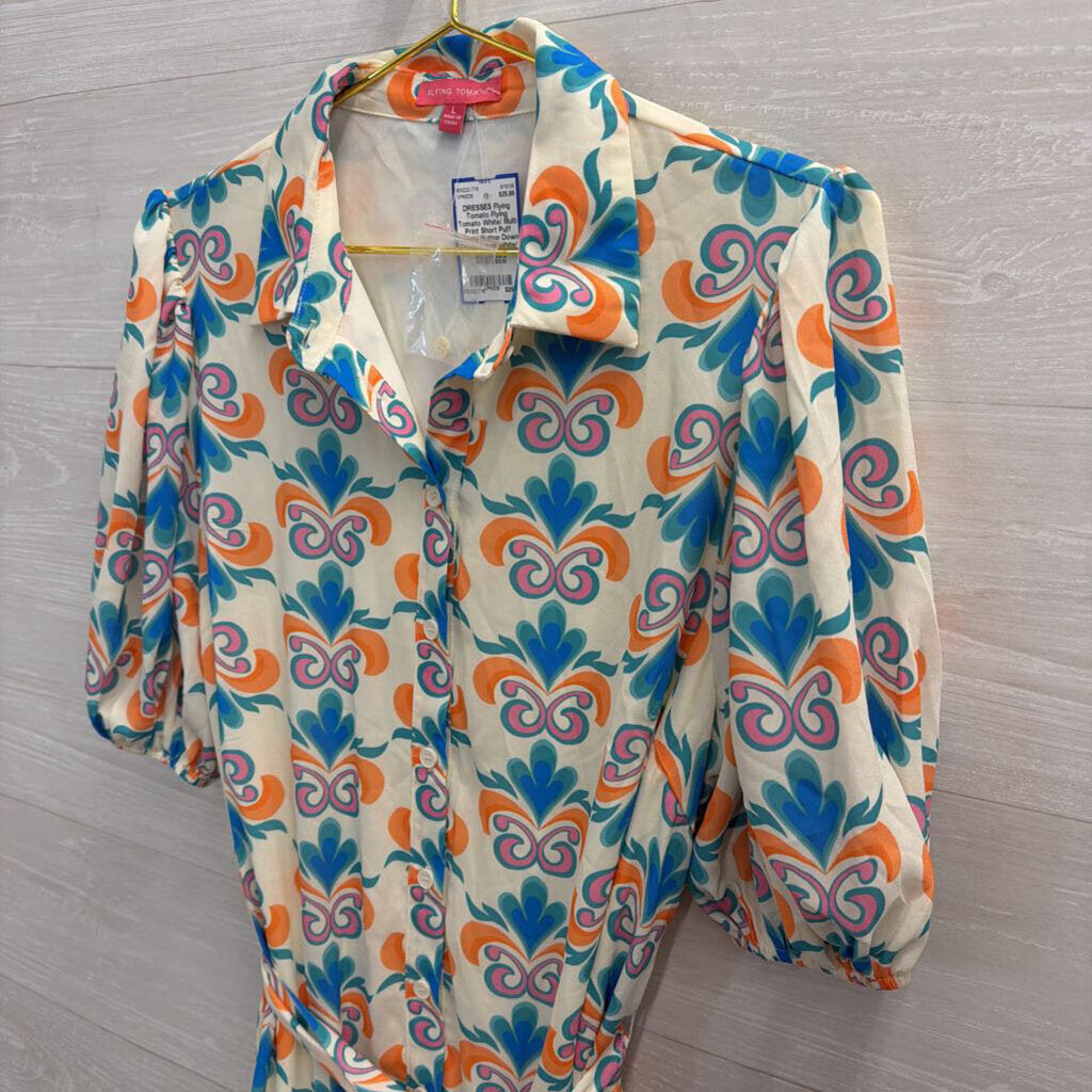 Flying Tomato White/ Multi Print Short Puff Sleeve Button Down Dress Large