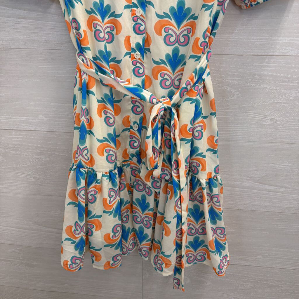 Flying Tomato White/ Multi Print Short Puff Sleeve Button Down Dress Large