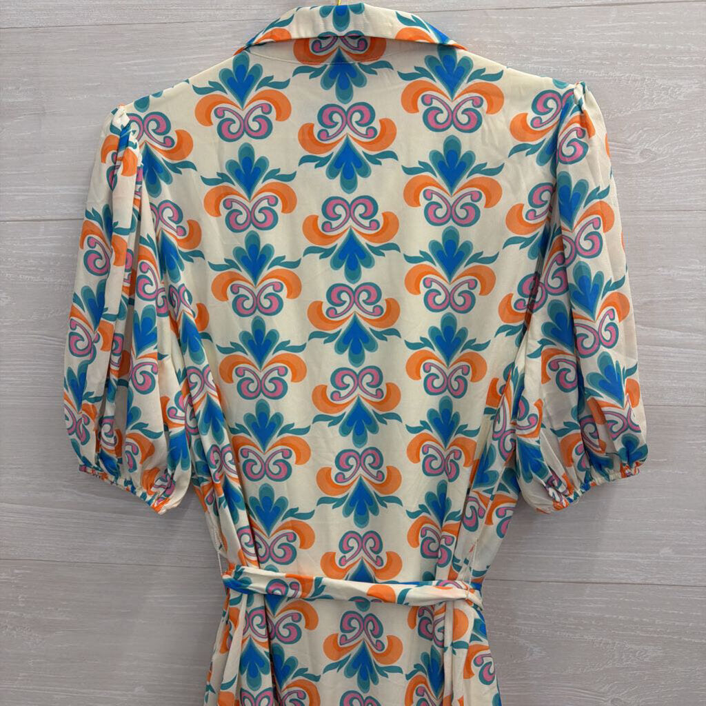 Flying Tomato White/ Multi Print Short Puff Sleeve Button Down Dress Large