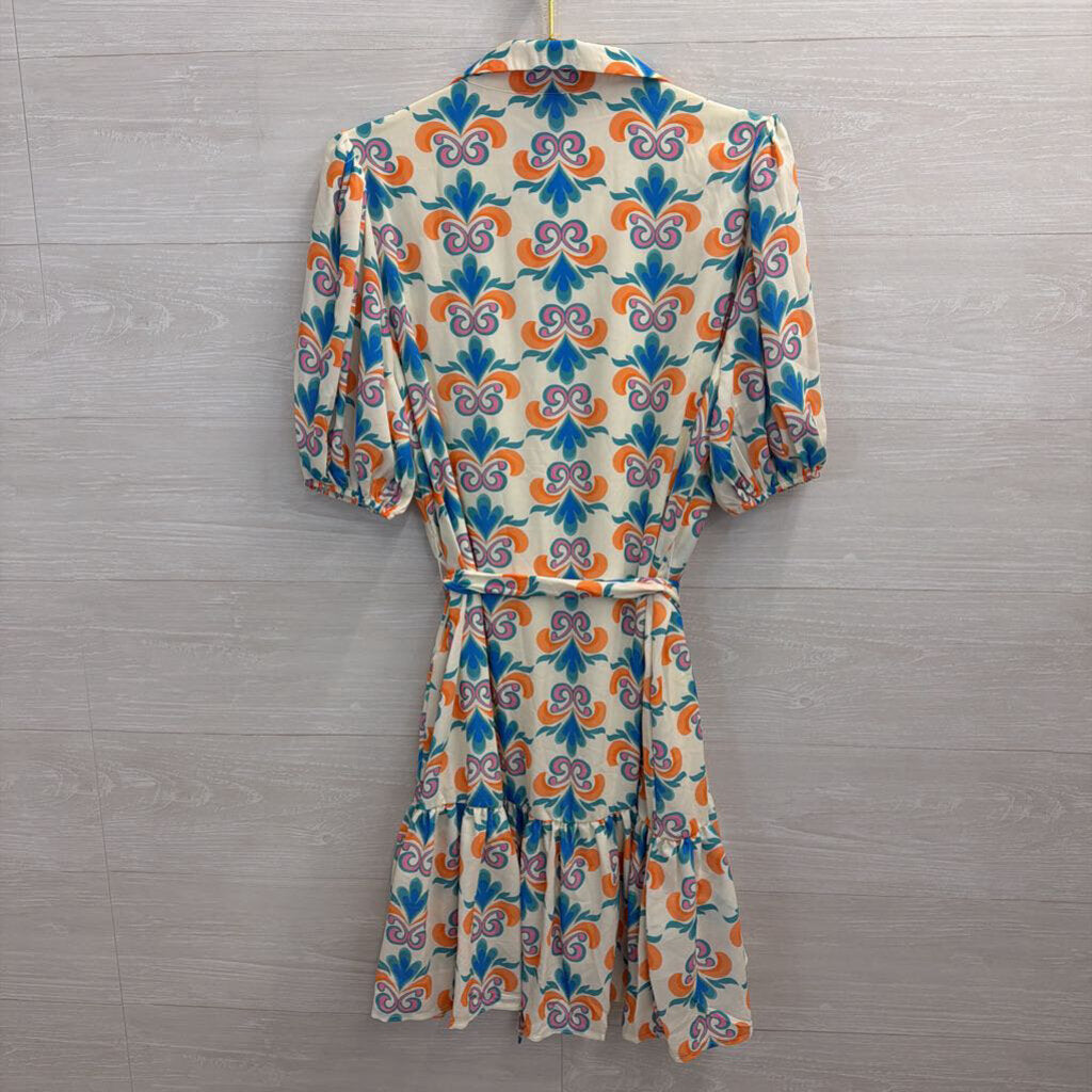 Flying Tomato White/ Multi Print Short Puff Sleeve Button Down Dress Large