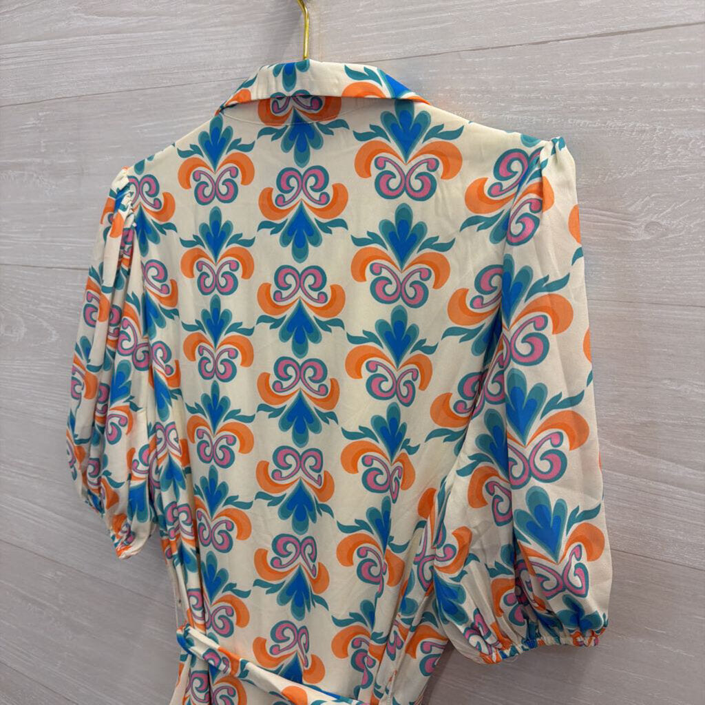 Flying Tomato White/ Multi Print Short Puff Sleeve Button Down Dress Large