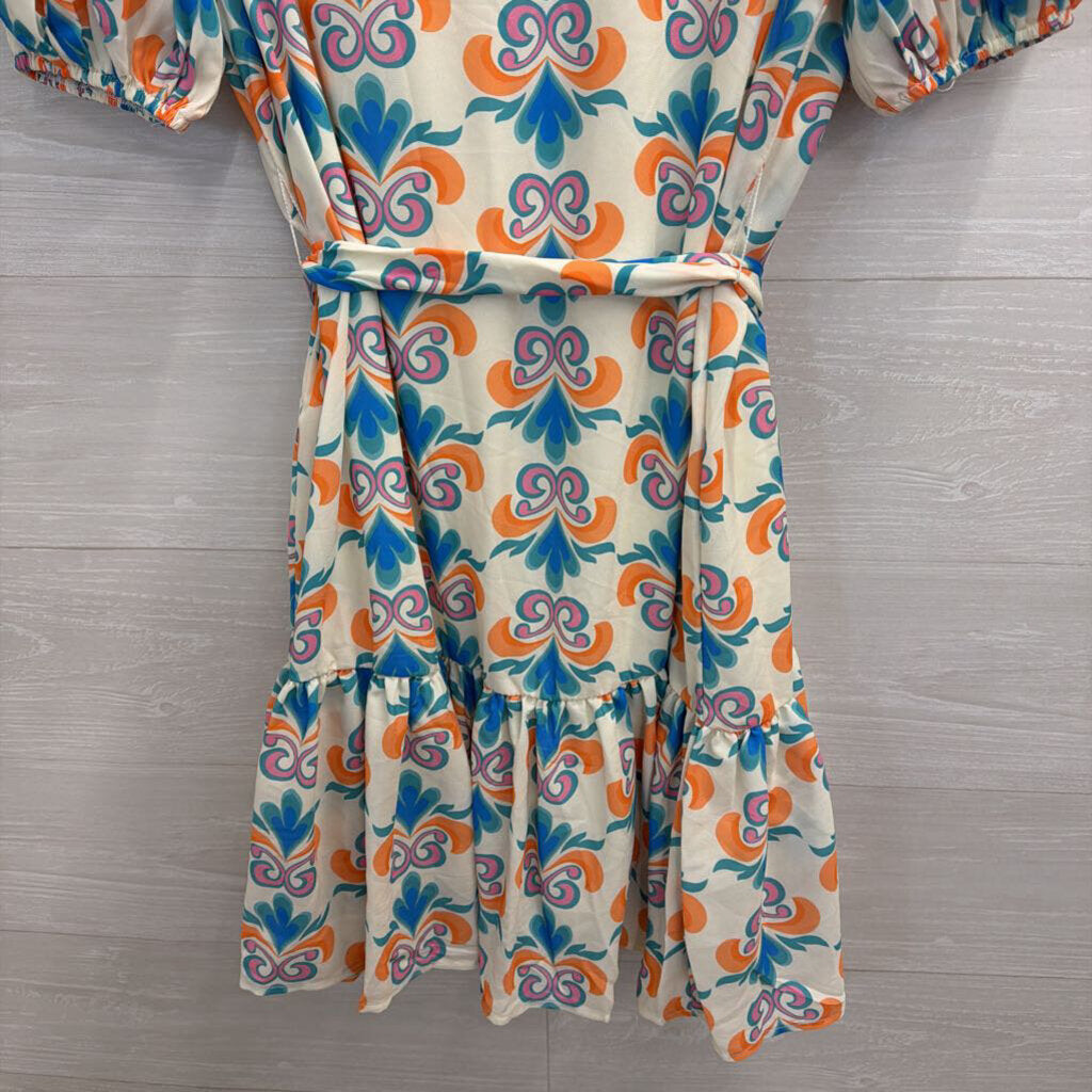 Flying Tomato White/ Multi Print Short Puff Sleeve Button Down Dress Large