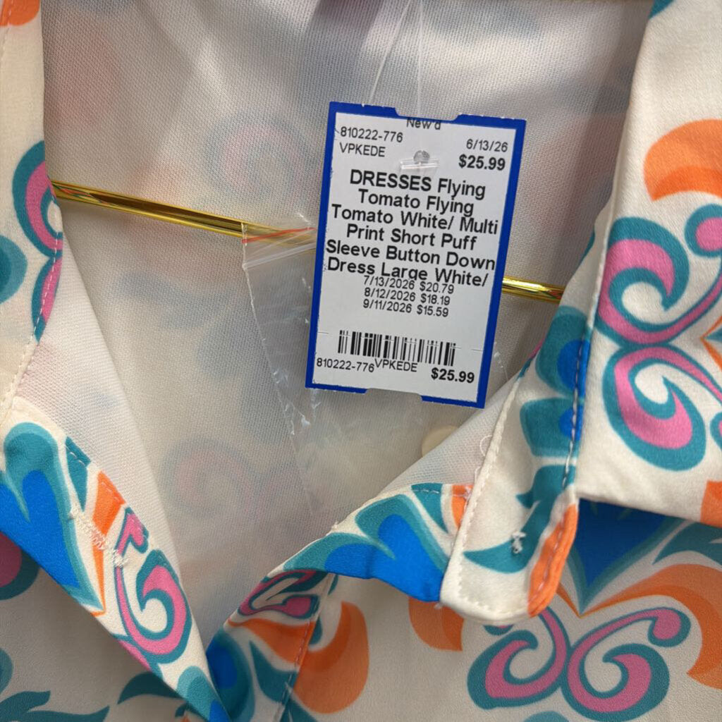 Flying Tomato White/ Multi Print Short Puff Sleeve Button Down Dress Large