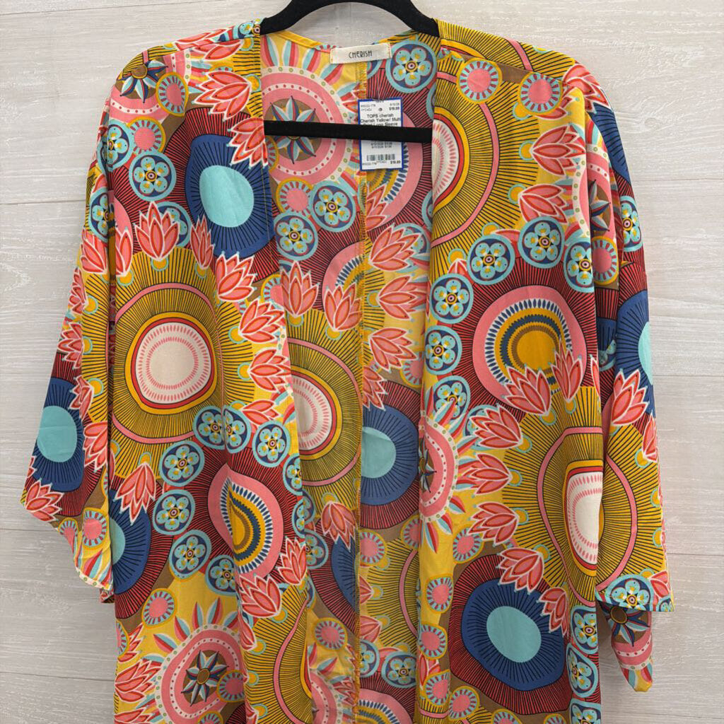 Cherish Yellow/ Multi Print Long Sleeve Open Front Duster Medium