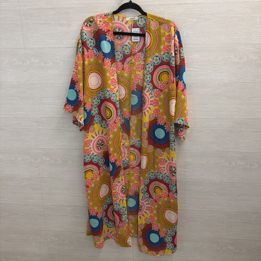 Cherish Yellow/ Multi Print Long Sleeve Open Front Duster Medium