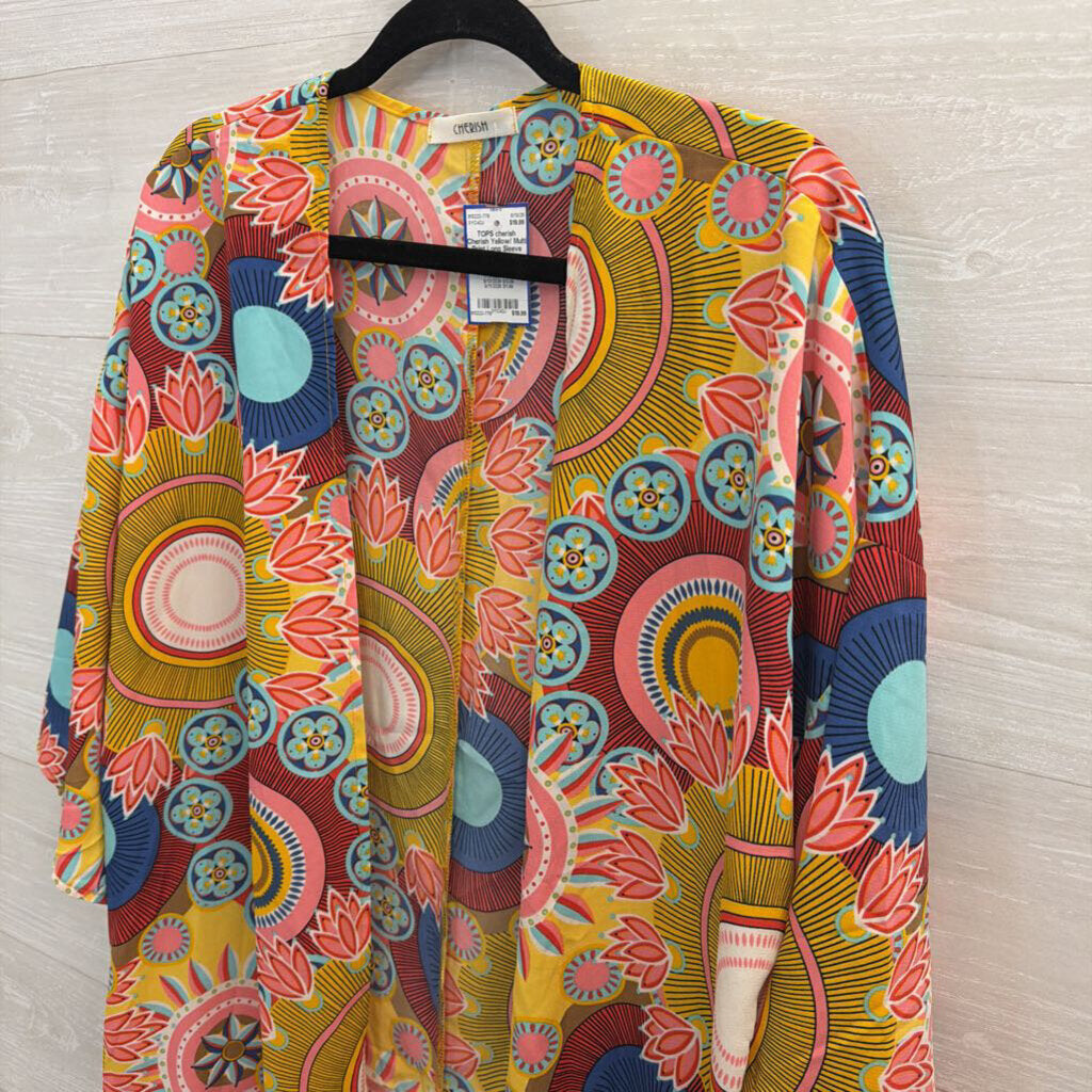 Cherish Yellow/ Multi Print Long Sleeve Open Front Duster Medium