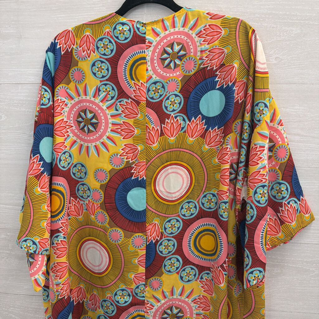Cherish Yellow/ Multi Print Long Sleeve Open Front Duster Medium