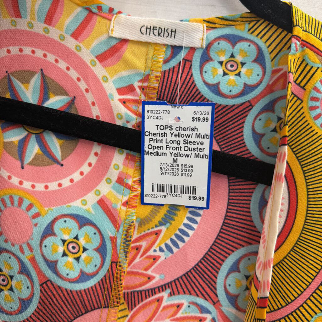 Cherish Yellow/ Multi Print Long Sleeve Open Front Duster Medium