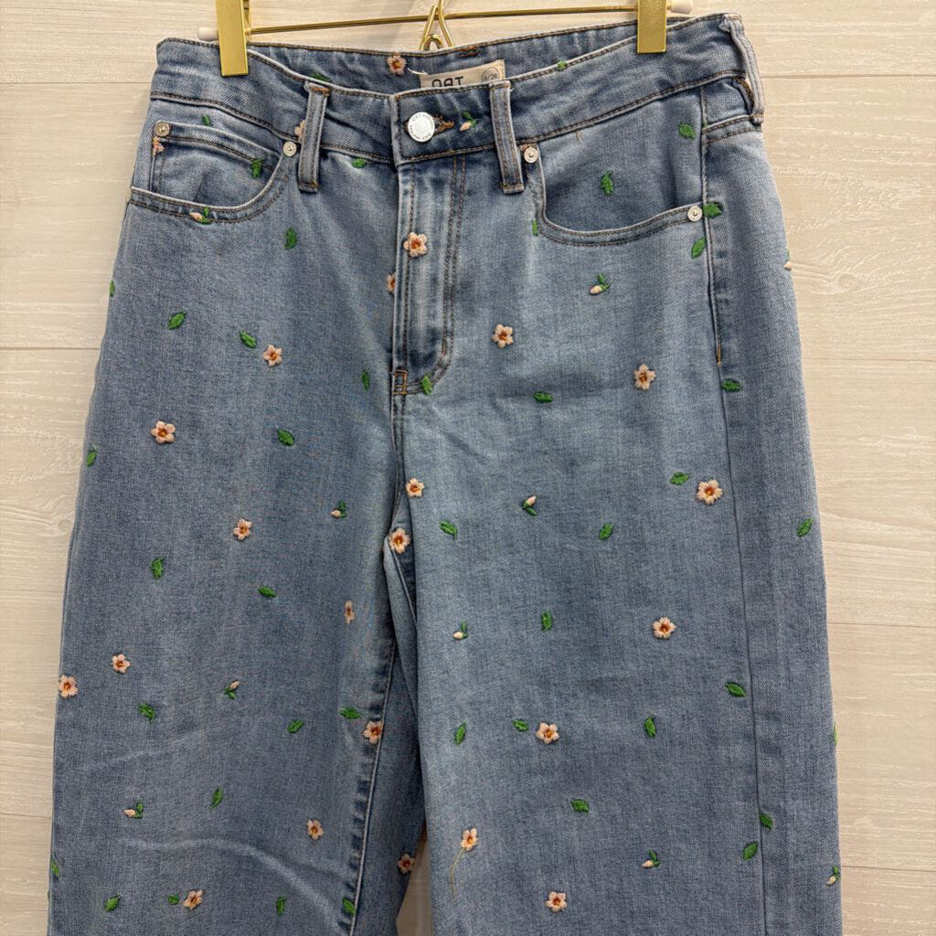 OAT Medium Wash Embroidered Floral Wide Leg Jeans 28