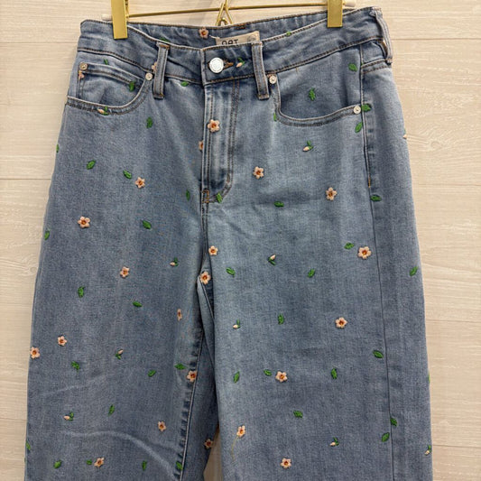 OAT Medium Wash Embroidered Floral Wide Leg Jeans 28