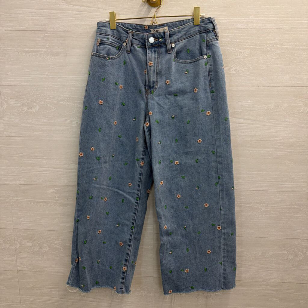 OAT Medium Wash Embroidered Floral Wide Leg Jeans 28