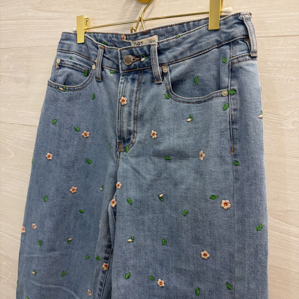 OAT Medium Wash Embroidered Floral Wide Leg Jeans 28