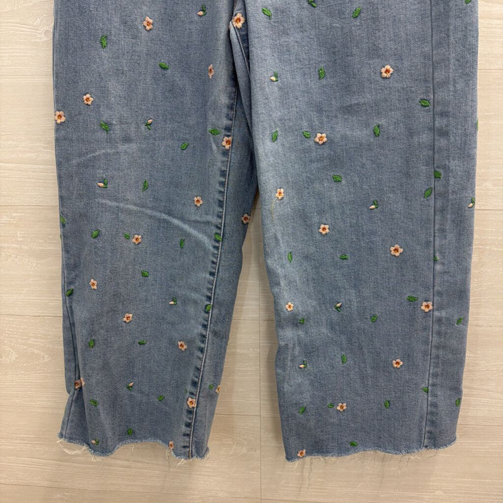 OAT Medium Wash Embroidered Floral Wide Leg Jeans 28