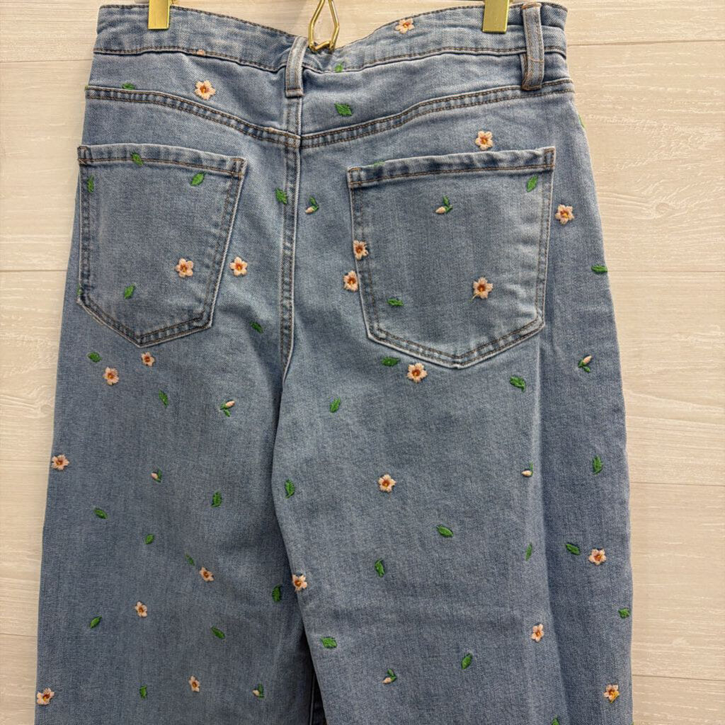 OAT Medium Wash Embroidered Floral Wide Leg Jeans 28