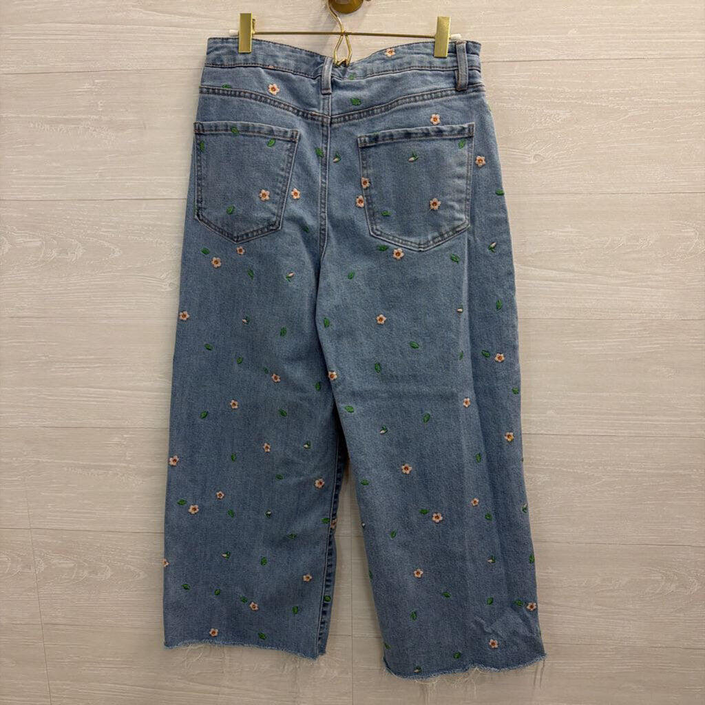 OAT Medium Wash Embroidered Floral Wide Leg Jeans 28