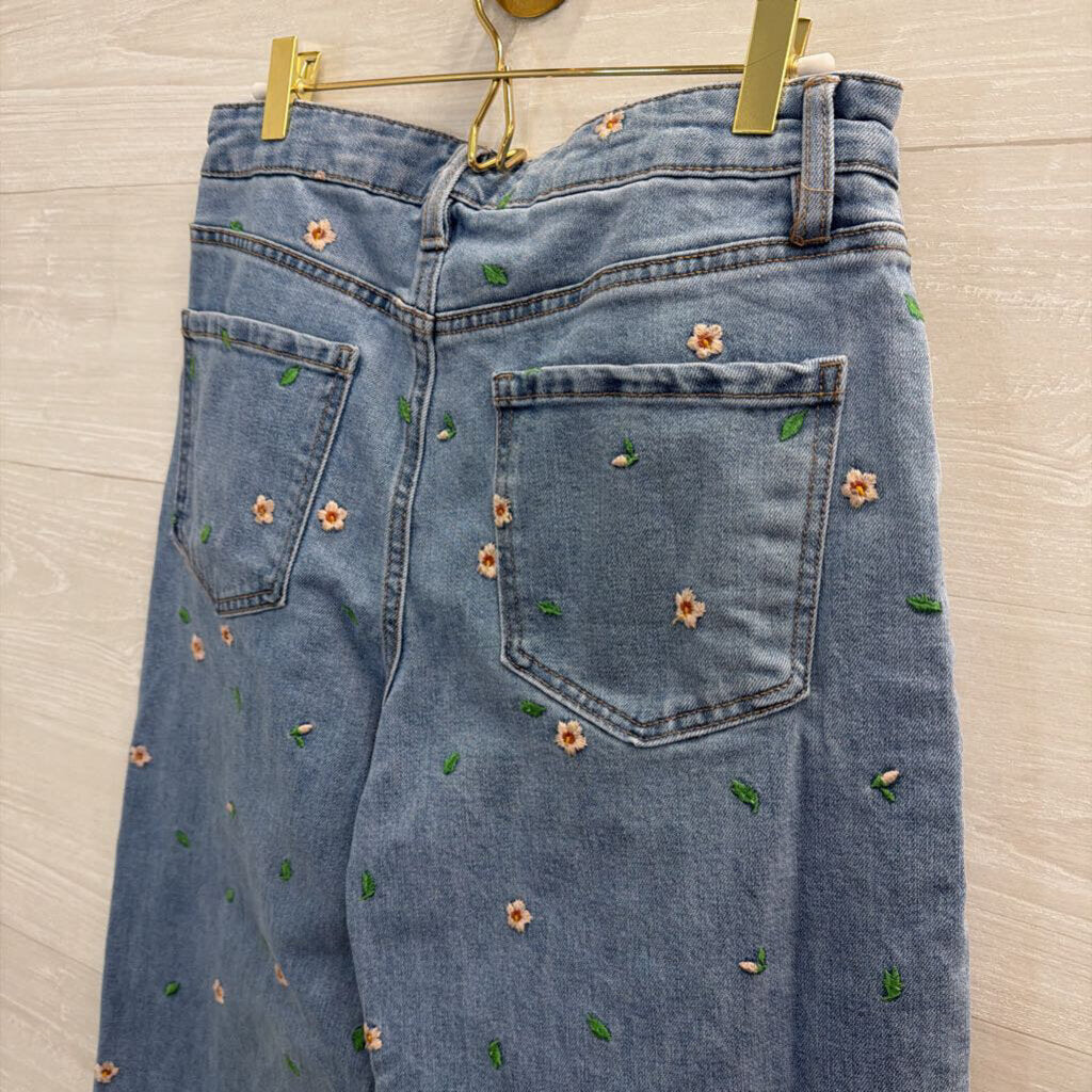 OAT Medium Wash Embroidered Floral Wide Leg Jeans 28
