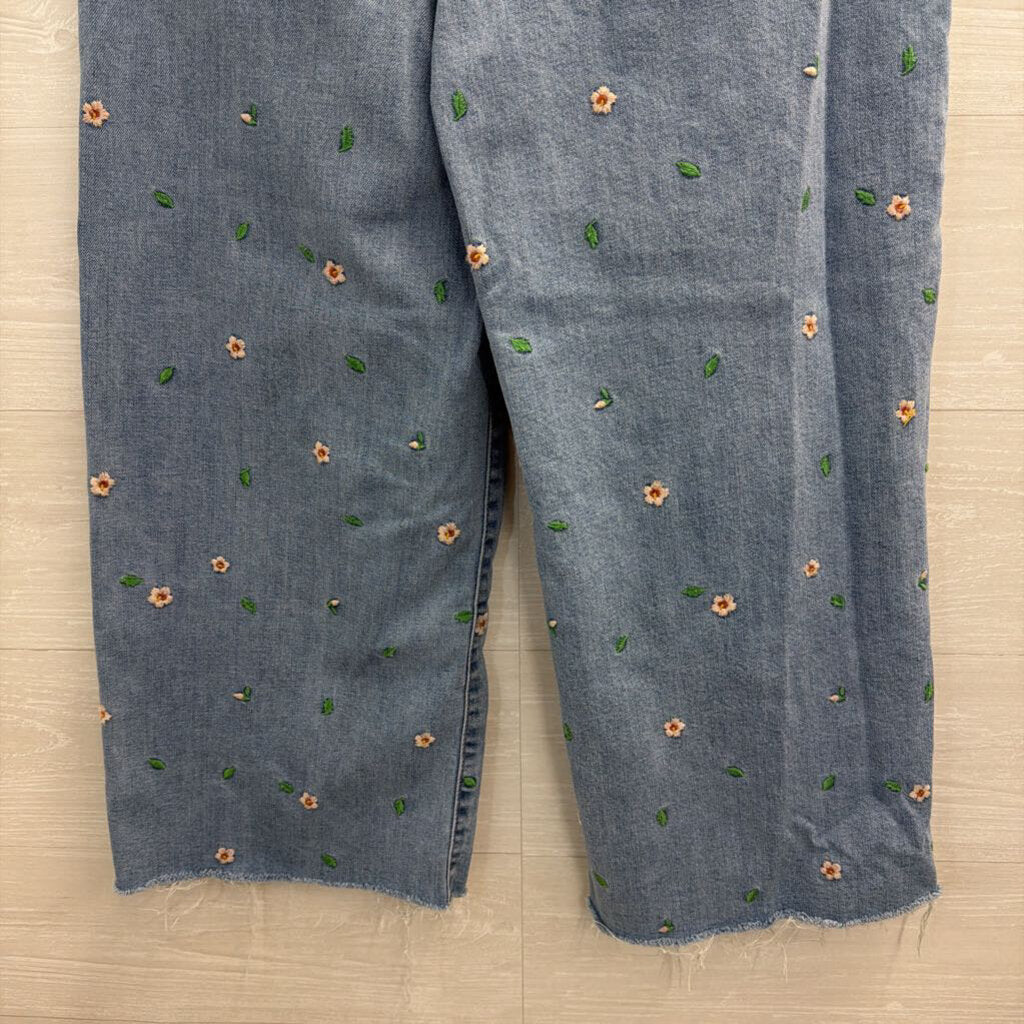 OAT Medium Wash Embroidered Floral Wide Leg Jeans 28
