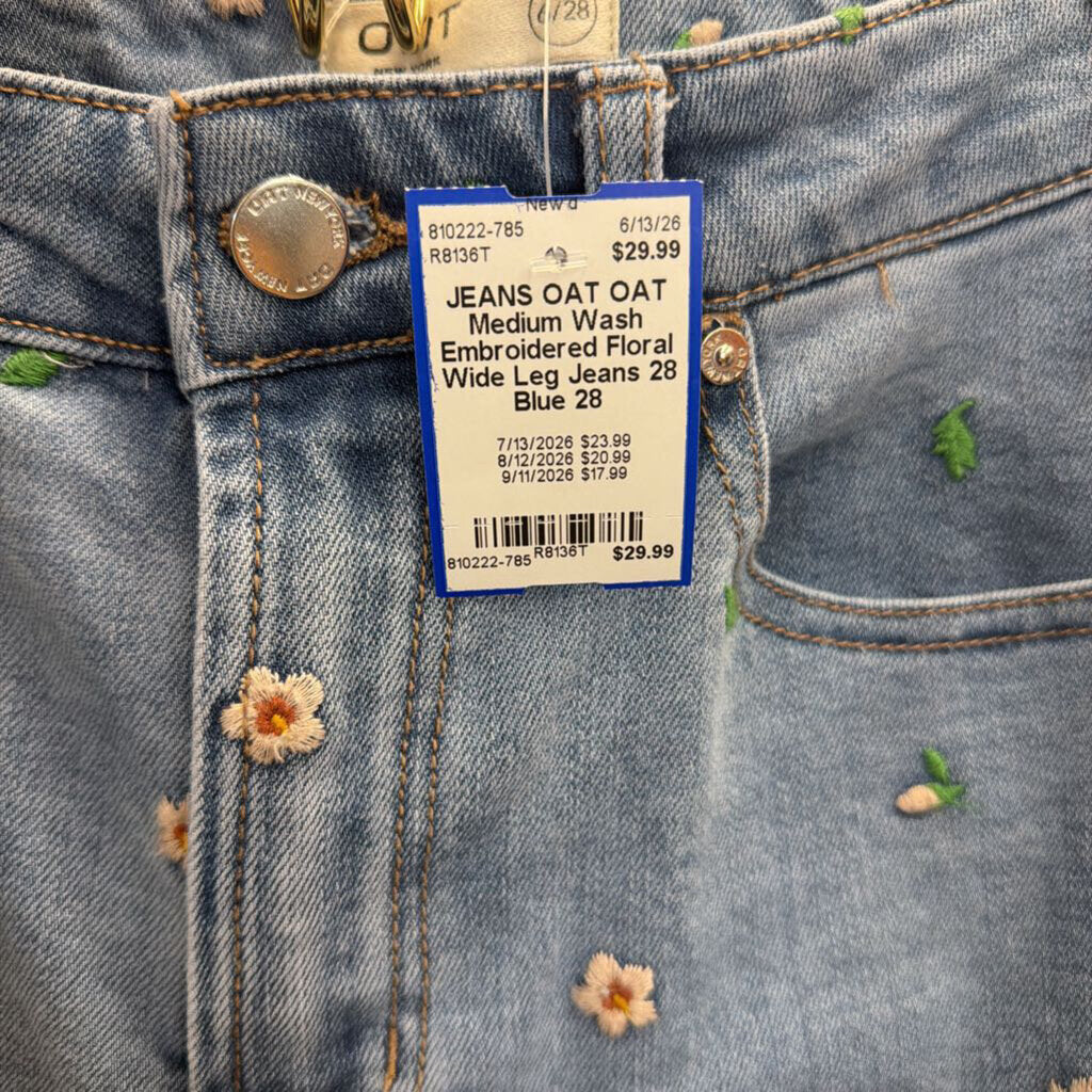 OAT Medium Wash Embroidered Floral Wide Leg Jeans 28