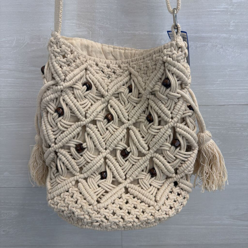 World Market Natural Macrame Wooden Beads Crossbody Purse