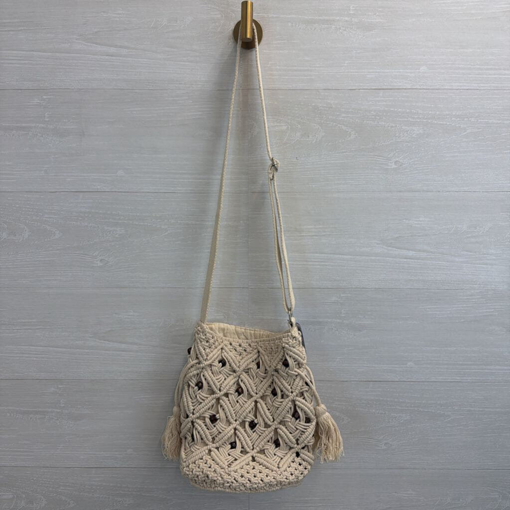 World Market Natural Macrame Wooden Beads Crossbody Purse