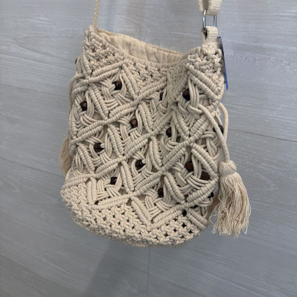 World Market Natural Macrame Wooden Beads Crossbody Purse