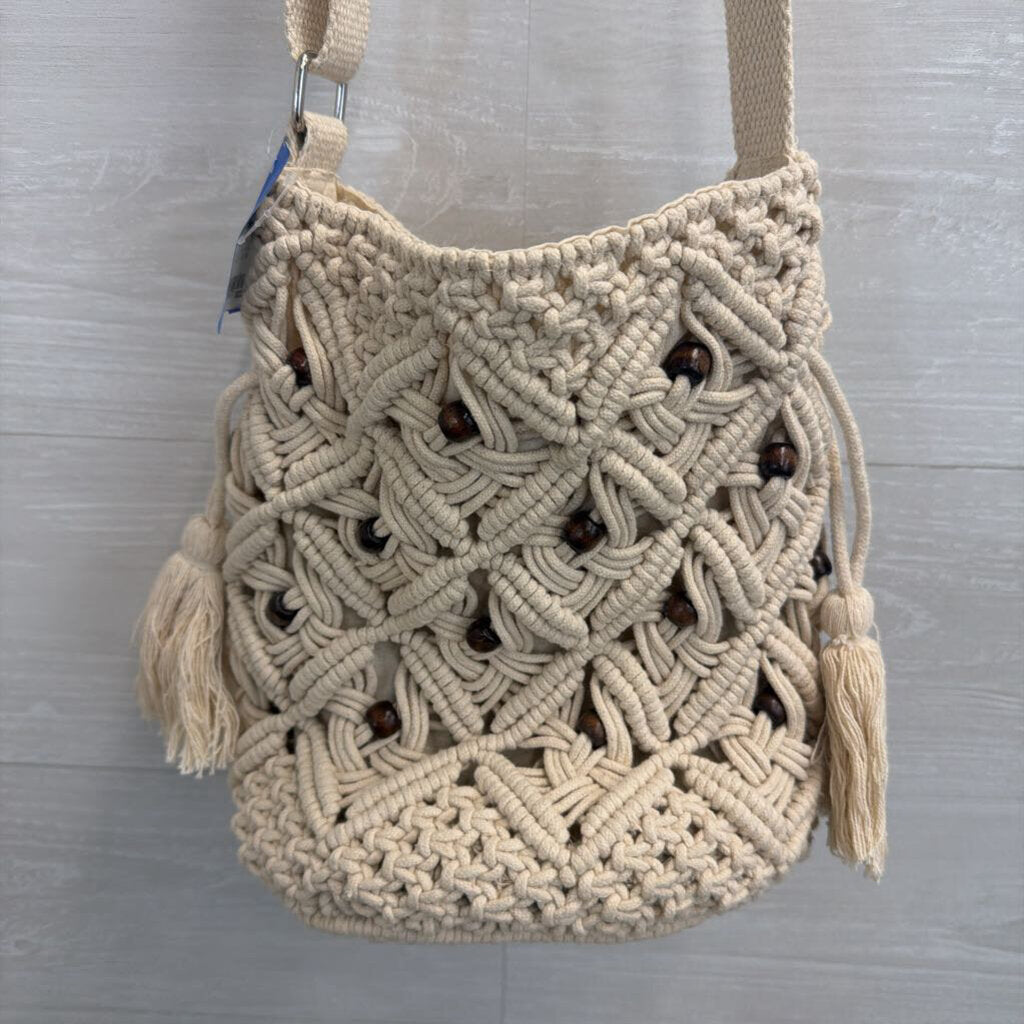 World Market Natural Macrame Wooden Beads Crossbody Purse