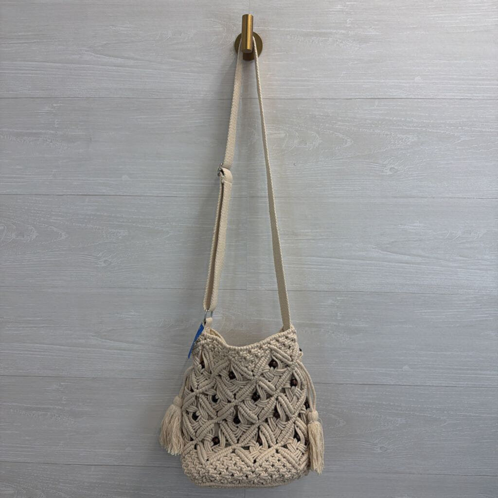 World Market Natural Macrame Wooden Beads Crossbody Purse
