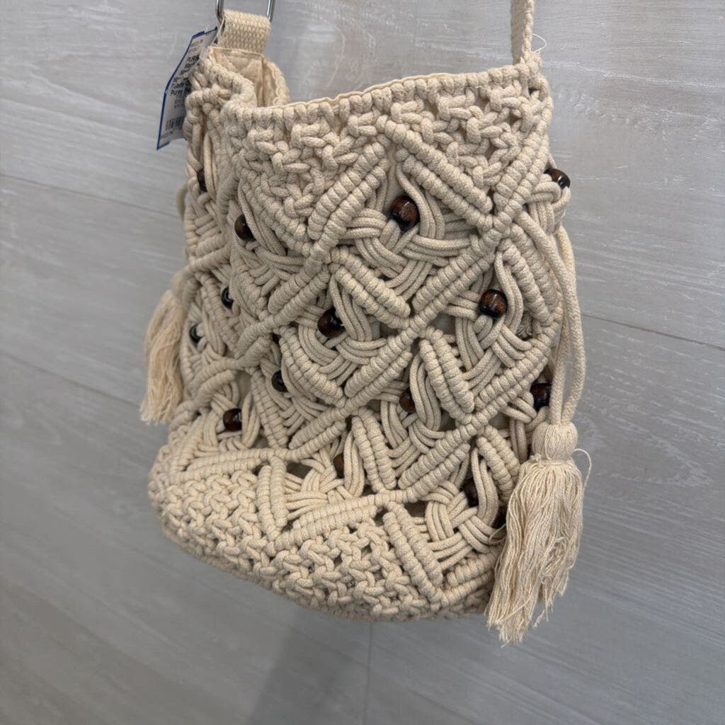 World Market Natural Macrame Wooden Beads Crossbody Purse