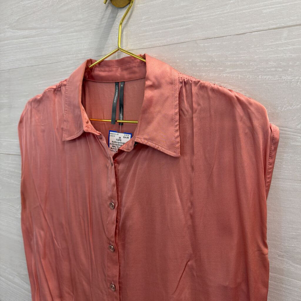 Anthropologie Pink Silky Cropped Button Front Top Extra Small