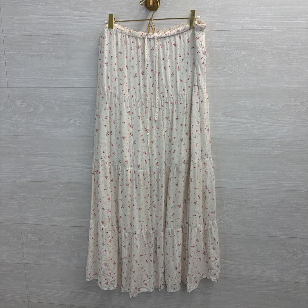 White/ Pink Floral Print Maxi Skirt Medium