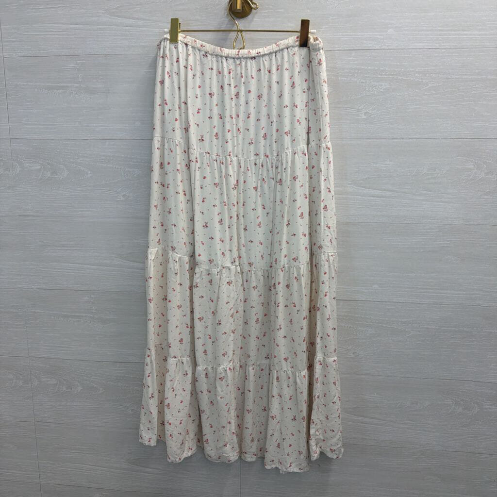 White/ Pink Floral Print Maxi Skirt Medium