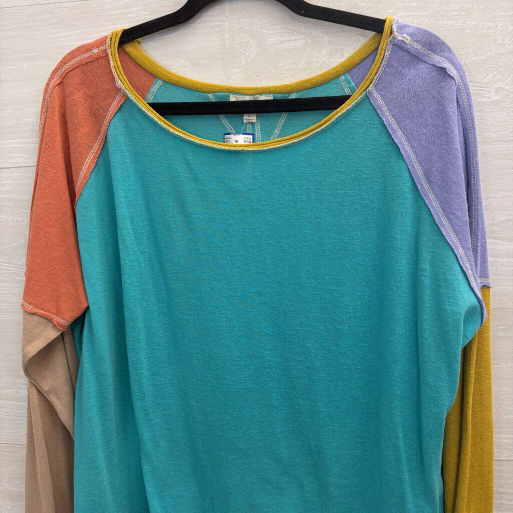 Umgee Blue/ Multi Color Block Long Sleeve Top Large